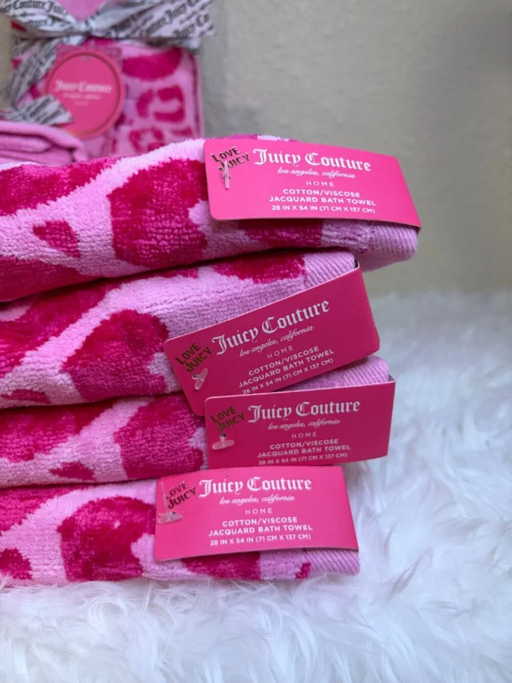 Juicy Couture Hot Pink Leopard Bow 8 Piece Bath Hand Towel Set Y2K NWT